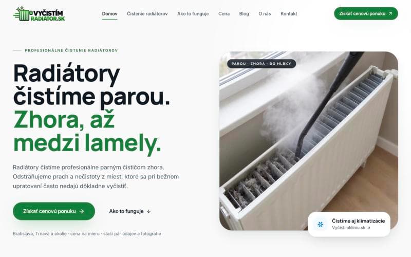 Úvodná stránka webu vycistimradiator.sk